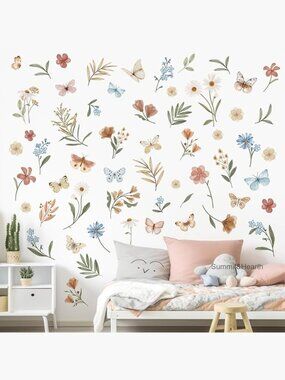Waterproof Removable Wall Stickers, 8 Sheets Floral Butterflies Decor